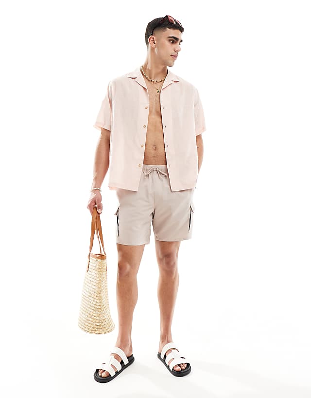 asos ASOS DESIGN short sleeve relaxed revere collar linen look shirt in pale pink