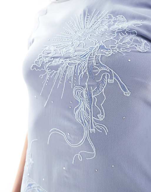 Asos ASOS DESIGN Short Sleeve With Floral Embroidery Mini Dress In Blue