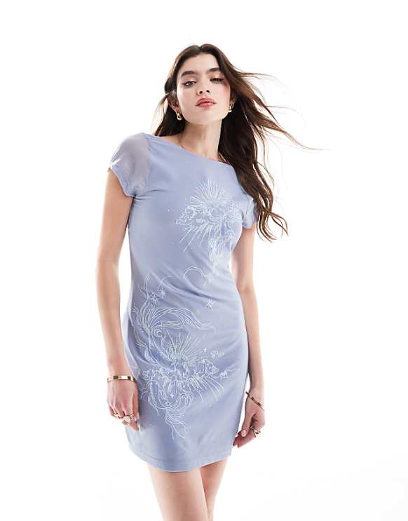 asos ASOS DESIGN short sleeve with floral embroidery mini dress in blue