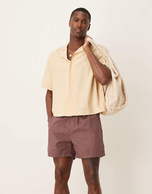 asos ASOS DESIGN shorter length linen blend shorts in brown