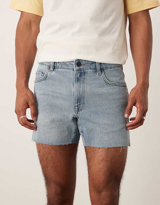 Asos ASOS DESIGN Shorter Length Slim Denim Shorts With Rip Detail In Light Wash Blue