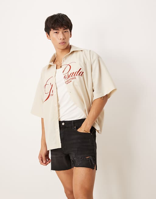 Asos ASOS DESIGN Shorter Length Straight Fit Denim Shorts With Rip Detail In Black Wash