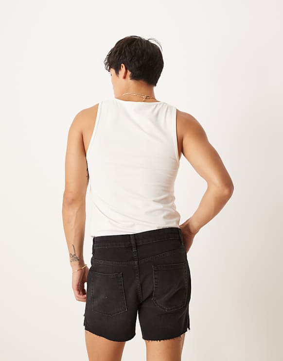 Asos ASOS DESIGN Shorter Length Straight Fit Denim Shorts With Rip Detail In Black Wash