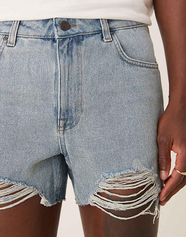 Asos ASOS DESIGN Shorter Length Straight Fit Denim Shorts With Rip Detail In Light Wash Blue