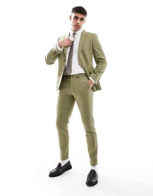 Asos ASOS DESIGN Skinny Fit Wool Mix Suit In Olive Basketweave Texture