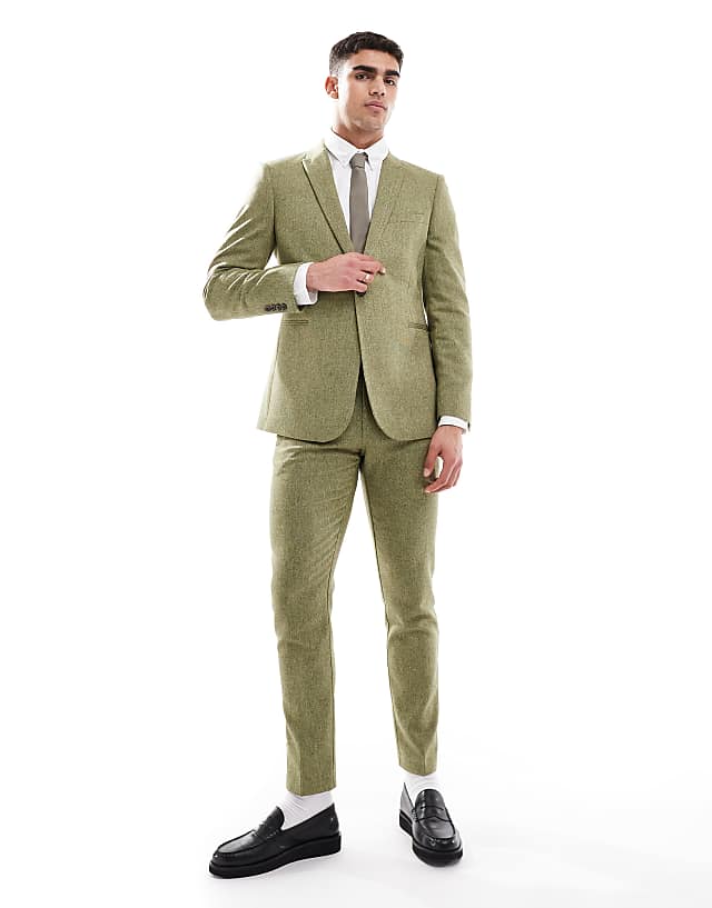 asos ASOS DESIGN skinny fit wool mix suit in olive basketweave texture
