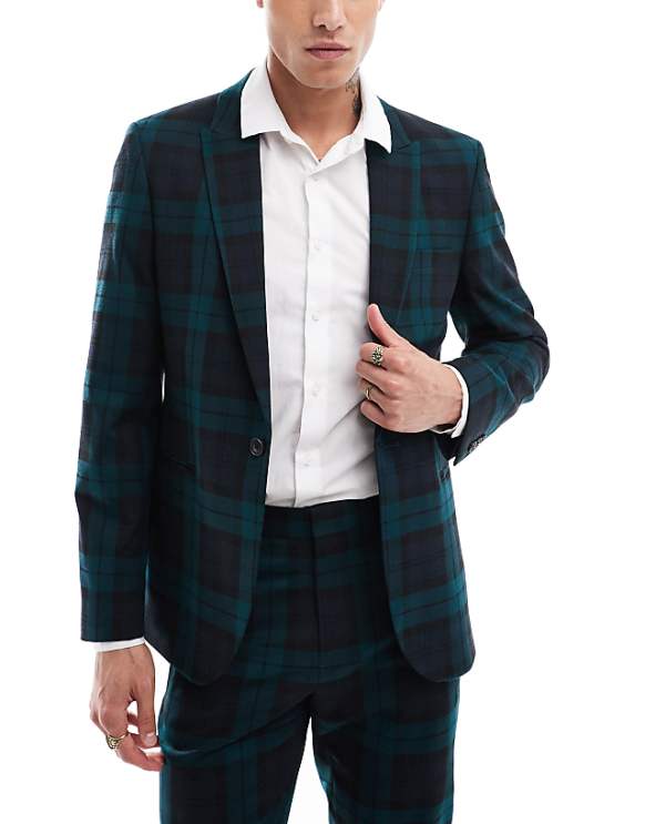asos ASOS DESIGN skinny suit jacket in dark green tartan