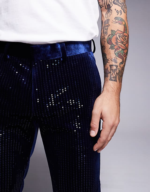 Asos ASOS DESIGN Skinny Suit Trousers In Velvet Sequin In Navy