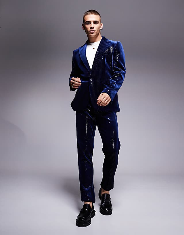 asos ASOS DESIGN skinny suit trousers in velvet sequin in navy
