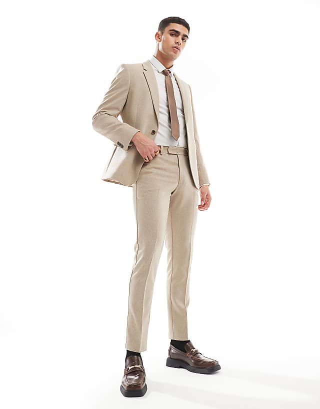 asos ASOS DESIGN skinny suit trousers with wool in camel barleyweave