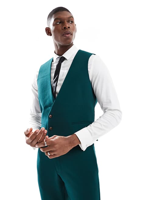 asos ASOS DESIGN skinny suit waistcoat in green slub texture