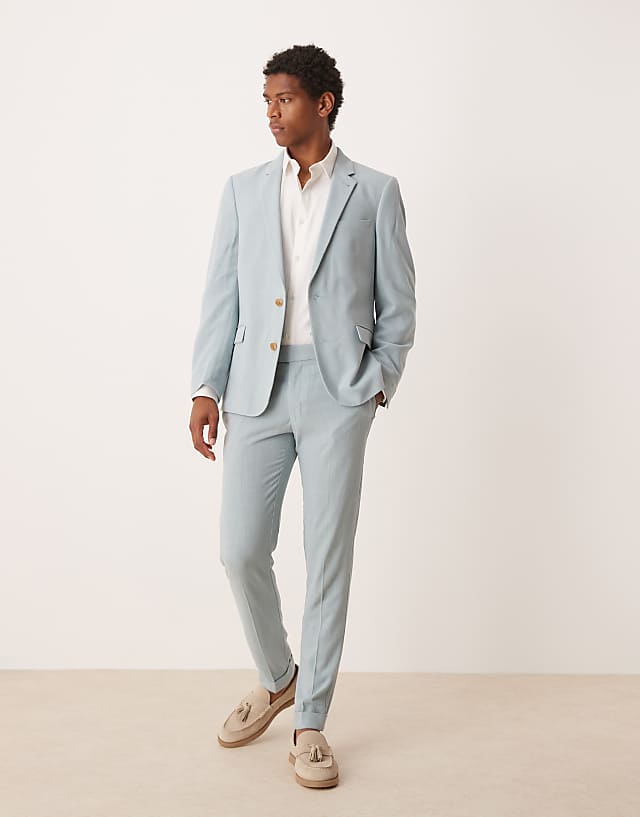asos ASOS DESIGN skinny suit with linen in light blue microtexture