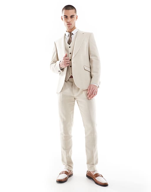 asos ASOS DESIGN skinny wool blend suit in stone herringbone