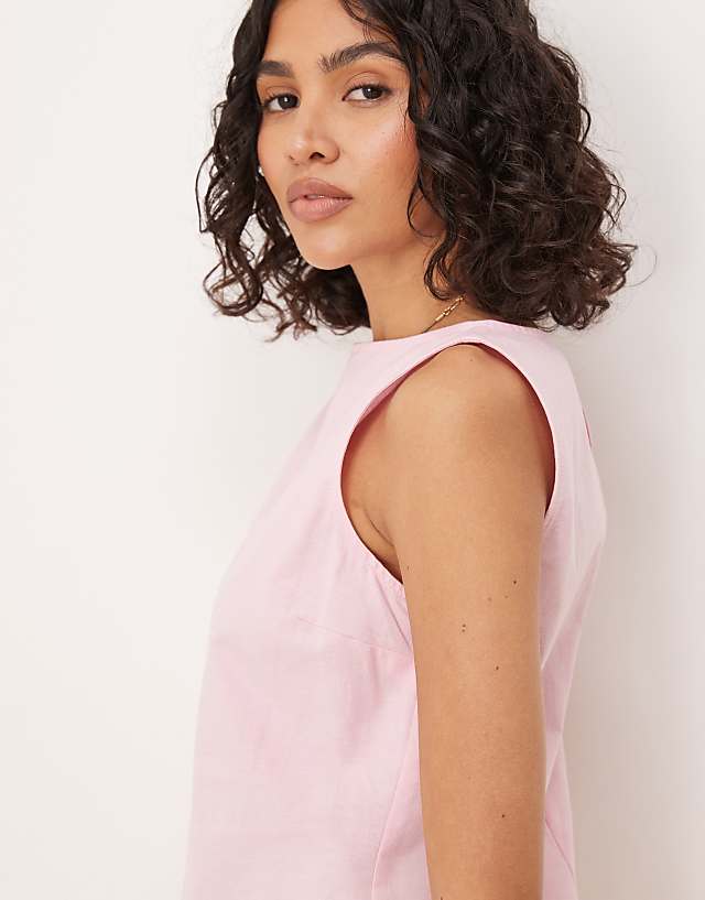 Asos ASOS DESIGN Slash Neck Cotton Linen Mini Shift Dress In Pink