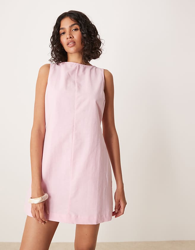 asos ASOS DESIGN slash neck cotton linen mini shift dress in pink
