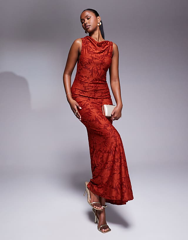 Asos ASOS DESIGN Sleeveless Twisted Shoulder Devore Maxi Dress In Rust