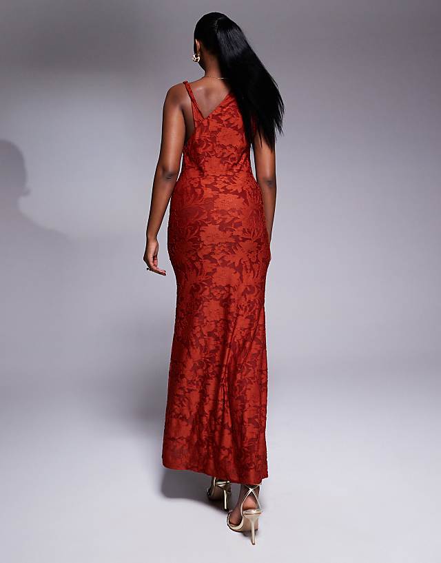 Asos ASOS DESIGN Sleeveless Twisted Shoulder Devore Maxi Dress In Rust