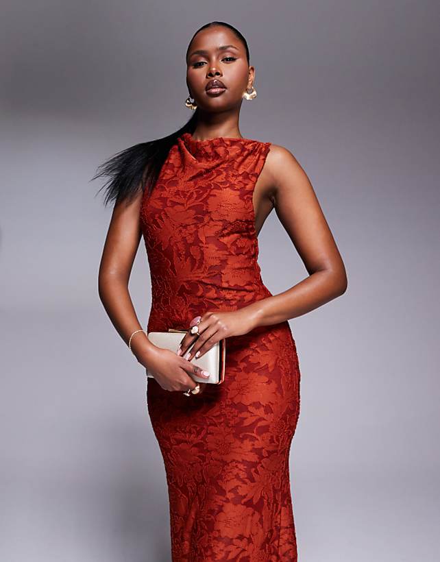 asos ASOS DESIGN sleeveless twisted shoulder devore maxi dress in rust