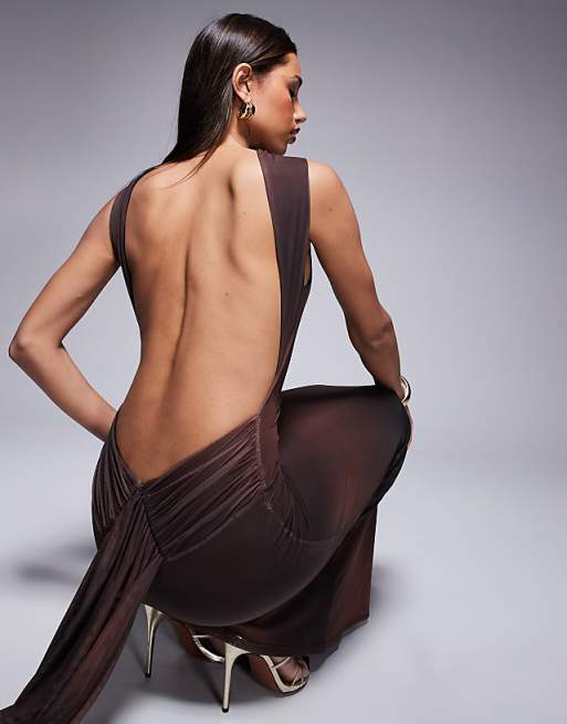 asos ASOS DESIGN sleeveless with open back and drape detail maxi dress in black and red print