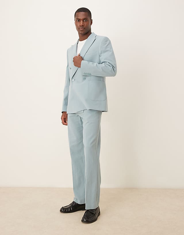 asos ASOS DESIGN slim double breasted suit in light blue crinkle texture