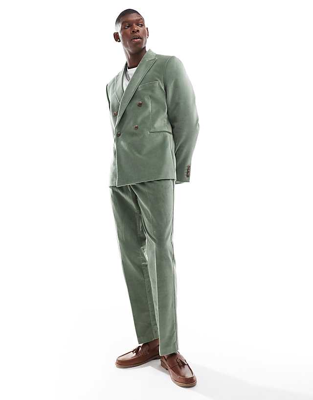 asos ASOS DESIGN slim double breasted suit in sage green cotton velvet