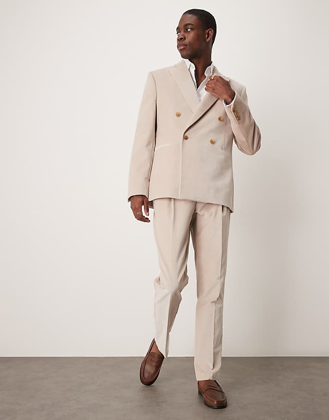 asos ASOS DESIGN slim double breasted suit in stone cotton velvet