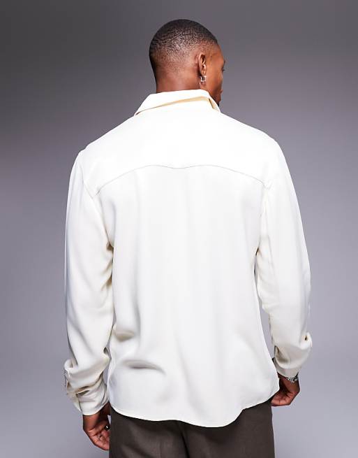 Asos ASOS DESIGN Slim Fit Shirt With 70s Collar In Cream Satin