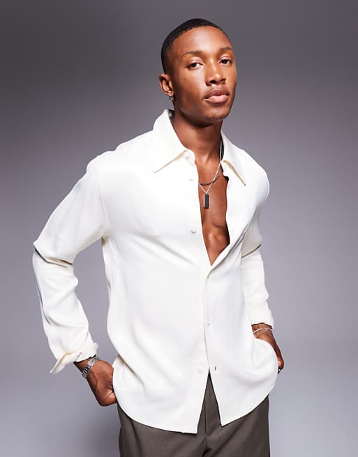 asos ASOS DESIGN slim fit shirt with 70s collar in cream satin