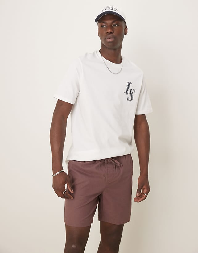 asos ASOS DESIGN slim mid length bermuda shorts in brown linen blend