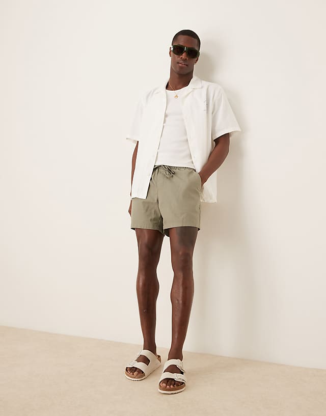 asos ASOS DESIGN slim shorter length linen blend bermuda shorts in khaki