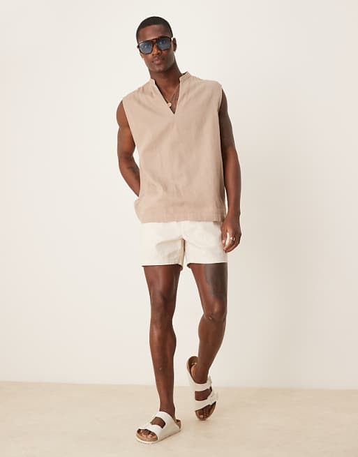 asos ASOS DESIGN slim shorter length linen blend bermuda shorts in stone
