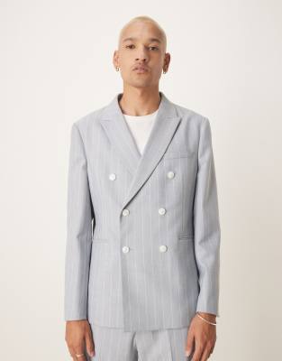 Asos ASOS DESIGN Slim Suit With Linen In Blue Pinstripe