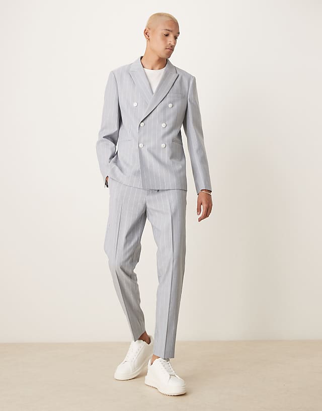 asos ASOS DESIGN slim suit with linen in blue pinstripe