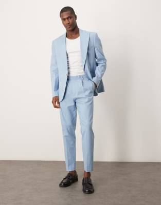 Asos ASOS DESIGN Slim Suit With Linen In Light Blue