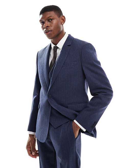 Asos ASOS DESIGN Slim Suit With Wool In Blue Herringbone