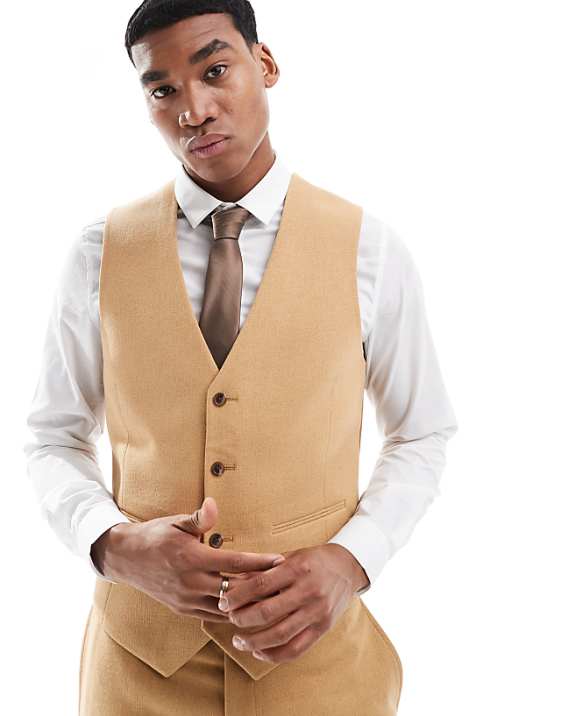 Asos ASOS DESIGN Slim Suit With Wool In Camel Basketweave