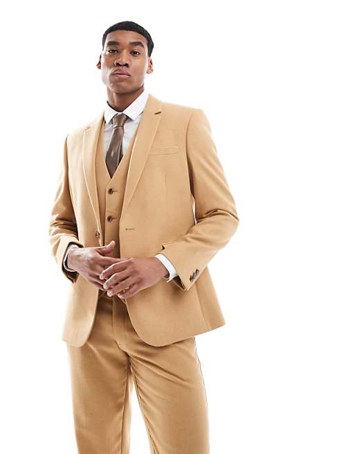 Asos ASOS DESIGN Slim Suit With Wool In Camel Basketweave