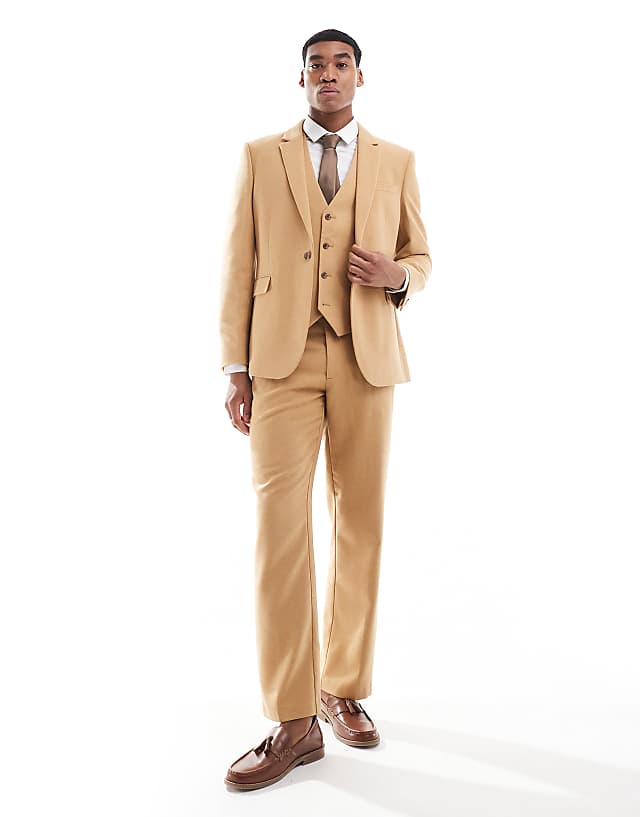 asos ASOS DESIGN slim suit with wool in camel basketweave