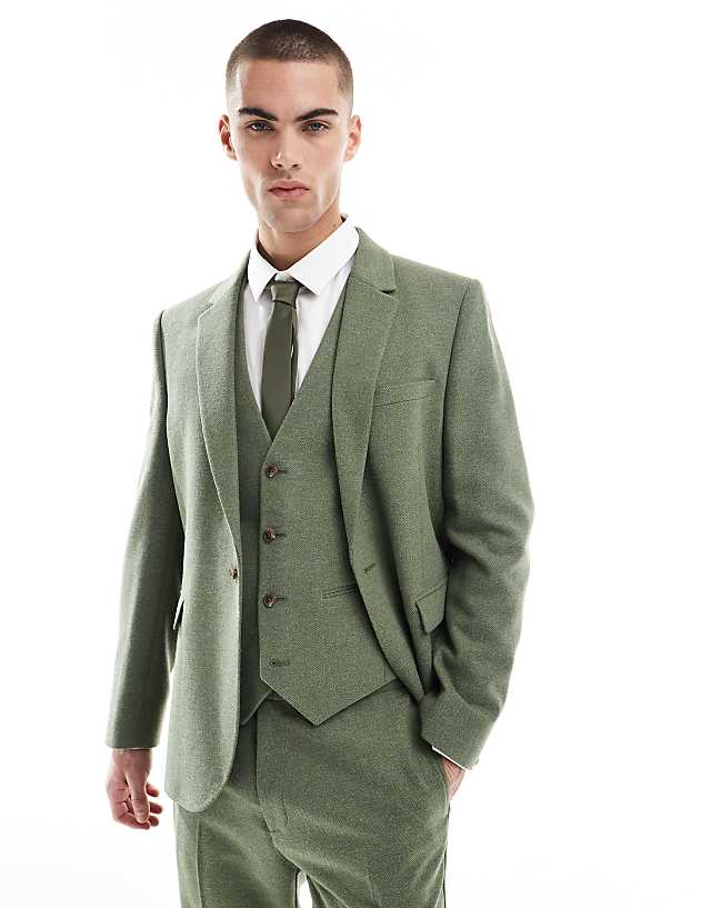 Asos ASOS DESIGN Slim Suit With Wool In Green Herringbone