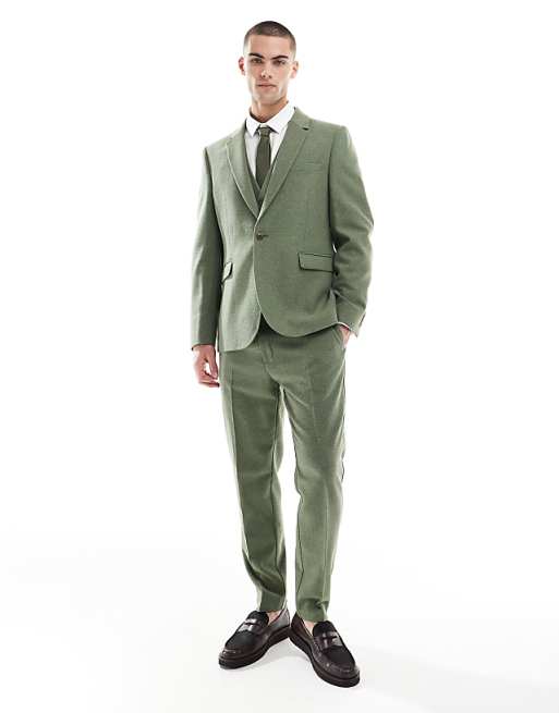 asos ASOS DESIGN slim suit with wool in green herringbone