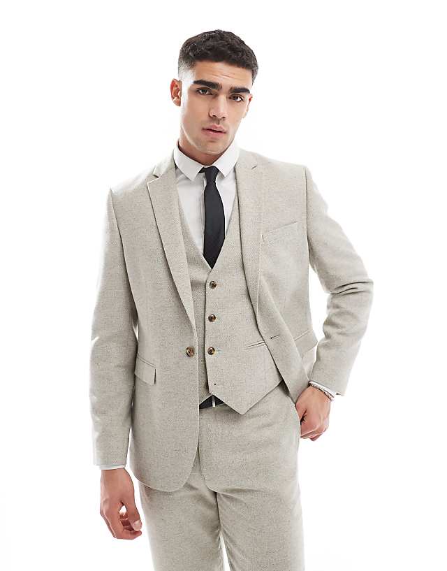 Asos ASOS DESIGN Slim Suit With Wool In Stone Tweed
