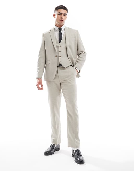 Asos ASOS DESIGN Slim Suit With Wool In Stone Tweed