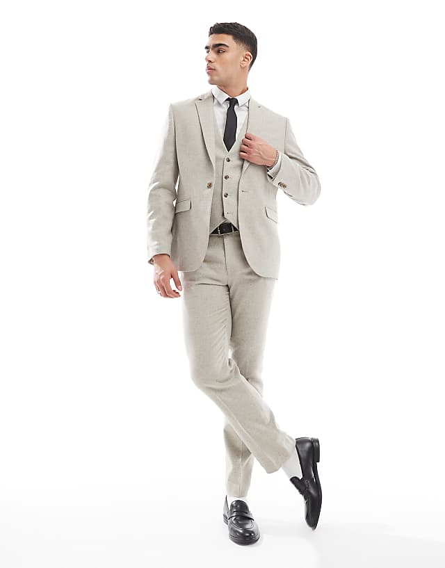 asos ASOS DESIGN slim suit with wool in stone tweed