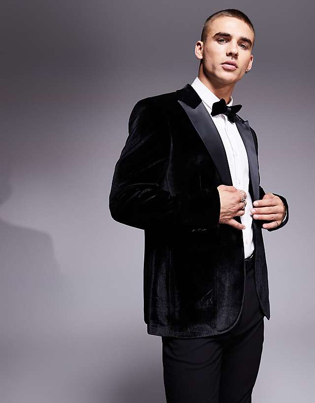asos ASOS DESIGN slim velvet tuxedo blazer in black