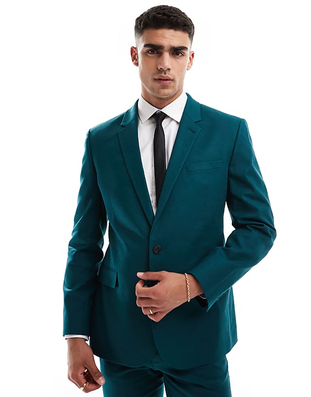 asos ASOS DESIGN slim with linen suit jacket in teal green
