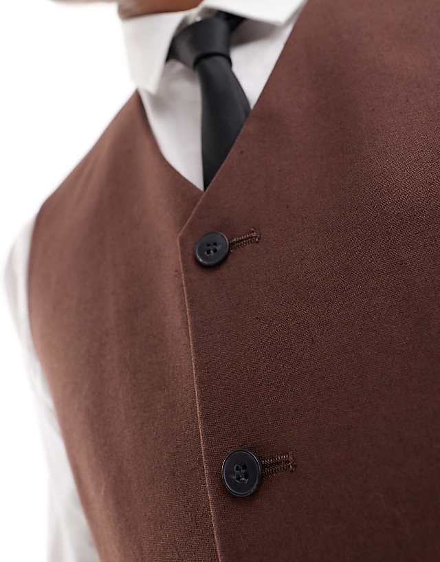 Asos ASOS DESIGN Slim With Linen Suit Waistcoat In Brown