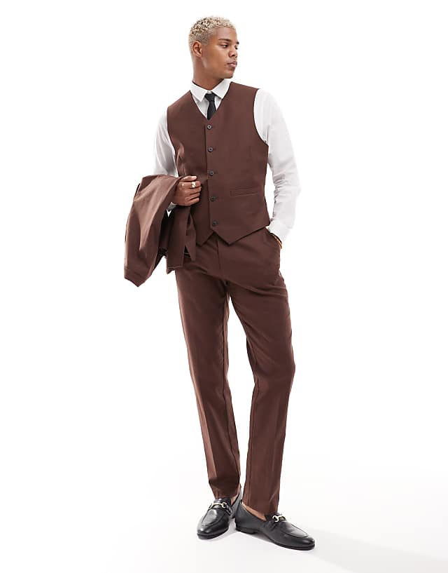 Asos ASOS DESIGN Slim With Linen Suit Waistcoat In Brown