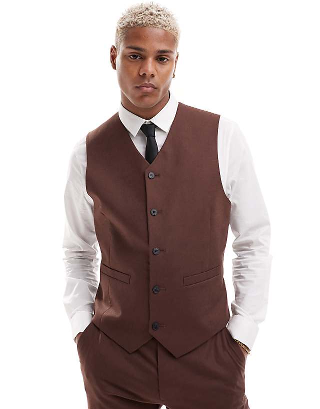 asos ASOS DESIGN slim with linen suit waistcoat in brown