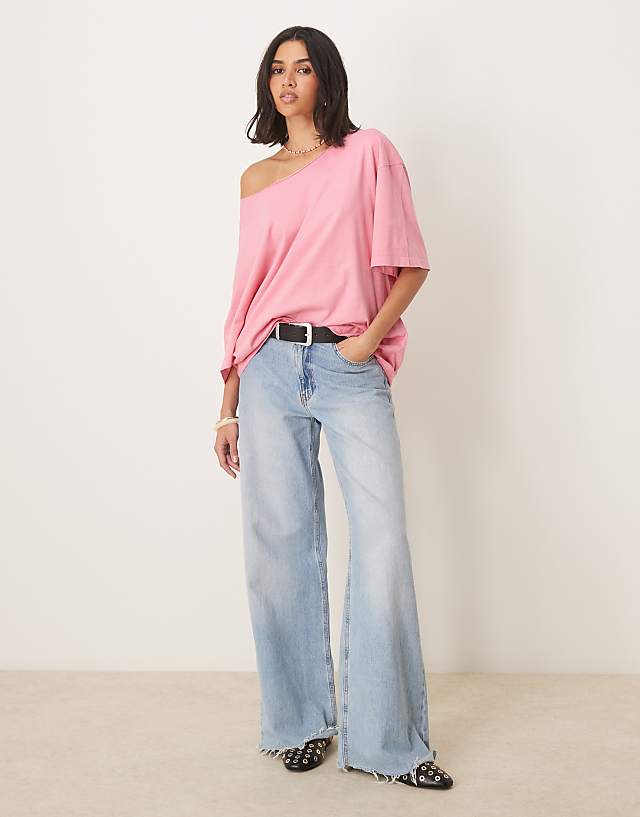 Asos ASOS DESIGN Slouchy Off Shoulder Oversized Tee In Washed Pink