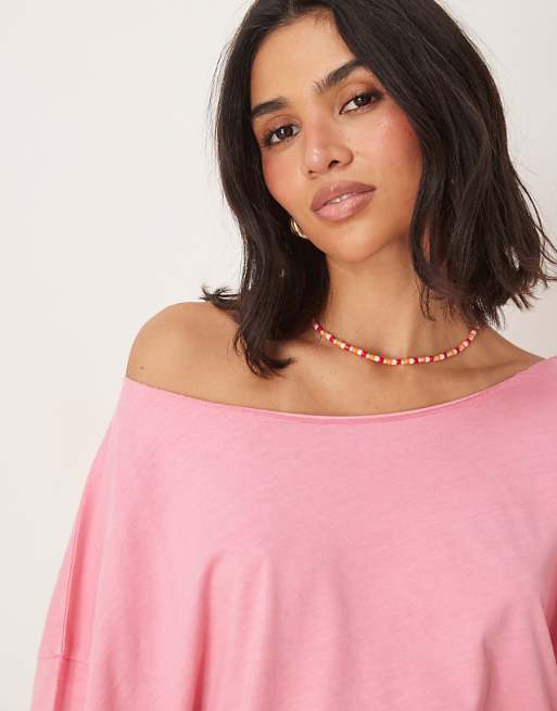 Asos ASOS DESIGN Slouchy Off Shoulder Oversized Tee In Washed Pink